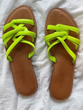 Schutz Women's Neon Green Lyta Patent Slide Sandals